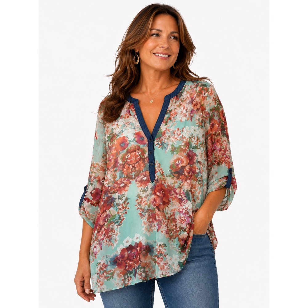 Dressbarn Floral Blouse Womens XL Mint Green Roll Tab Sleeve Boho Tunic Top